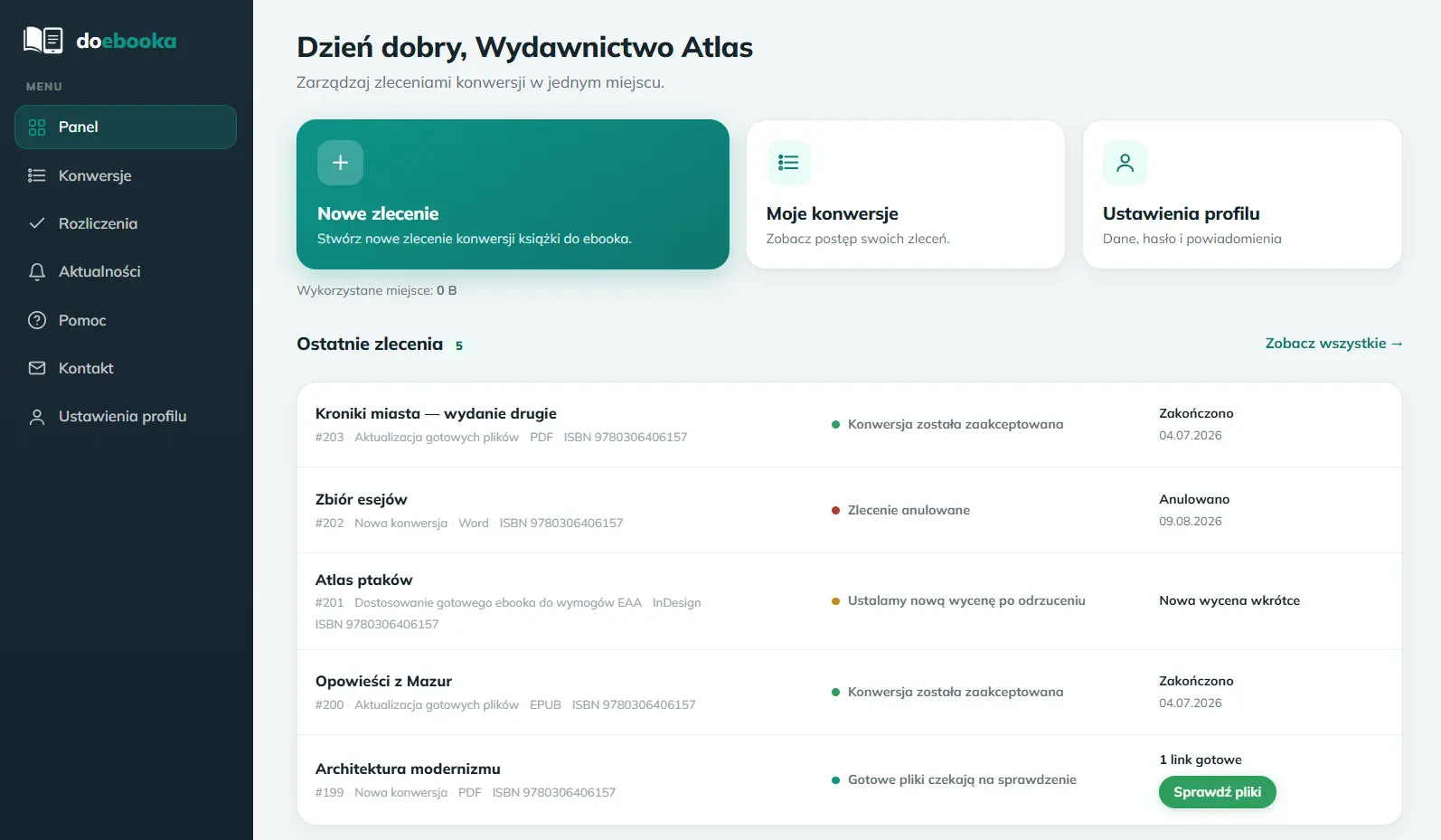 Panel Doebooka – lista zleceń z ich statusami i terminami