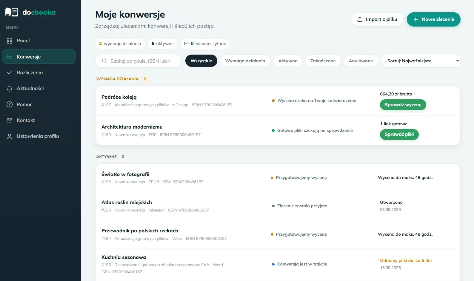 Panel Doebooka – szczegóły zlecenia z rozmową, plikami i akceptacją